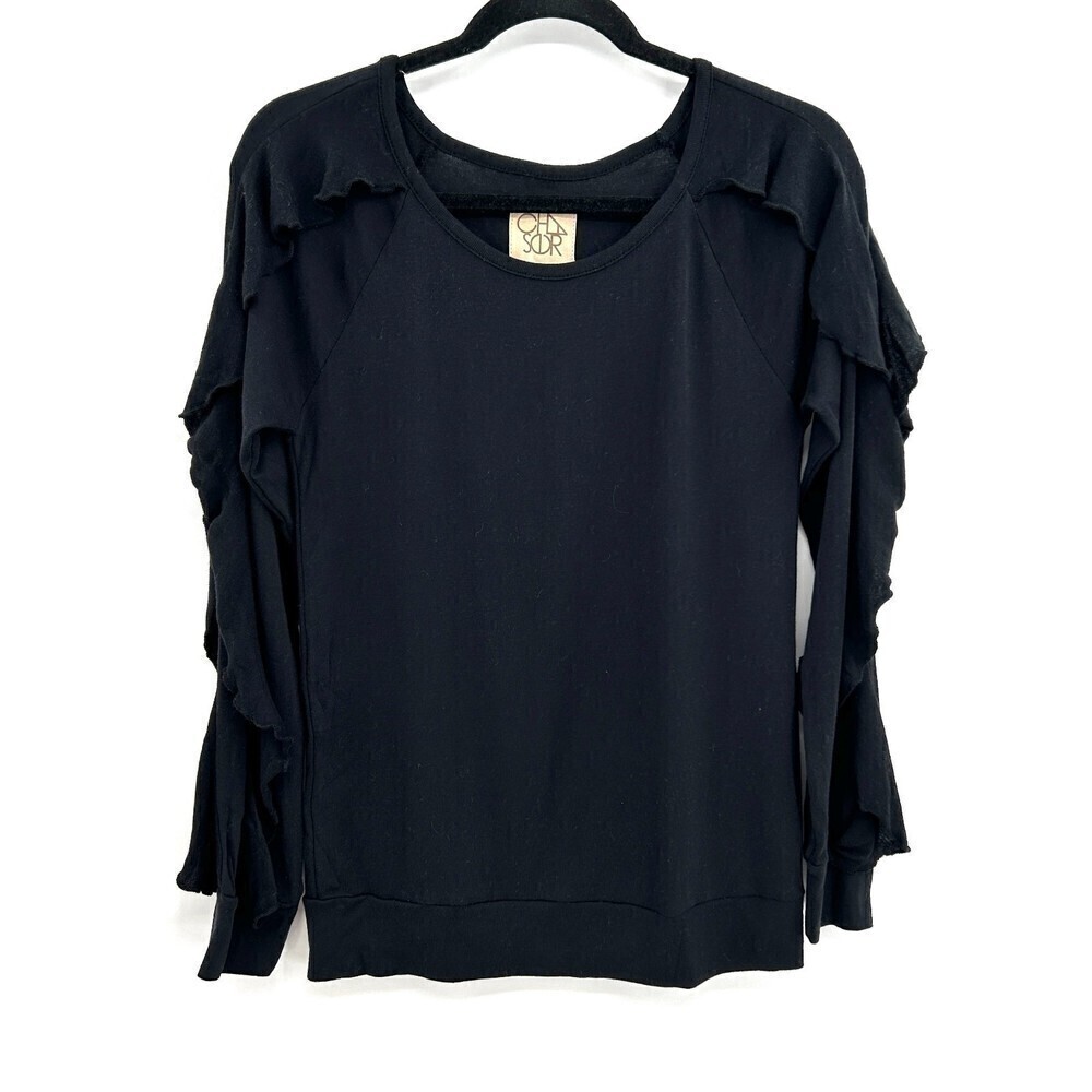 NWT CHASER Basic Black Long Sleeve Ruffle Open Neck Shirt Size Medium